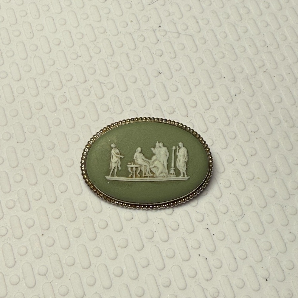 4.)Green Oval Brooch with Classical Scene. England